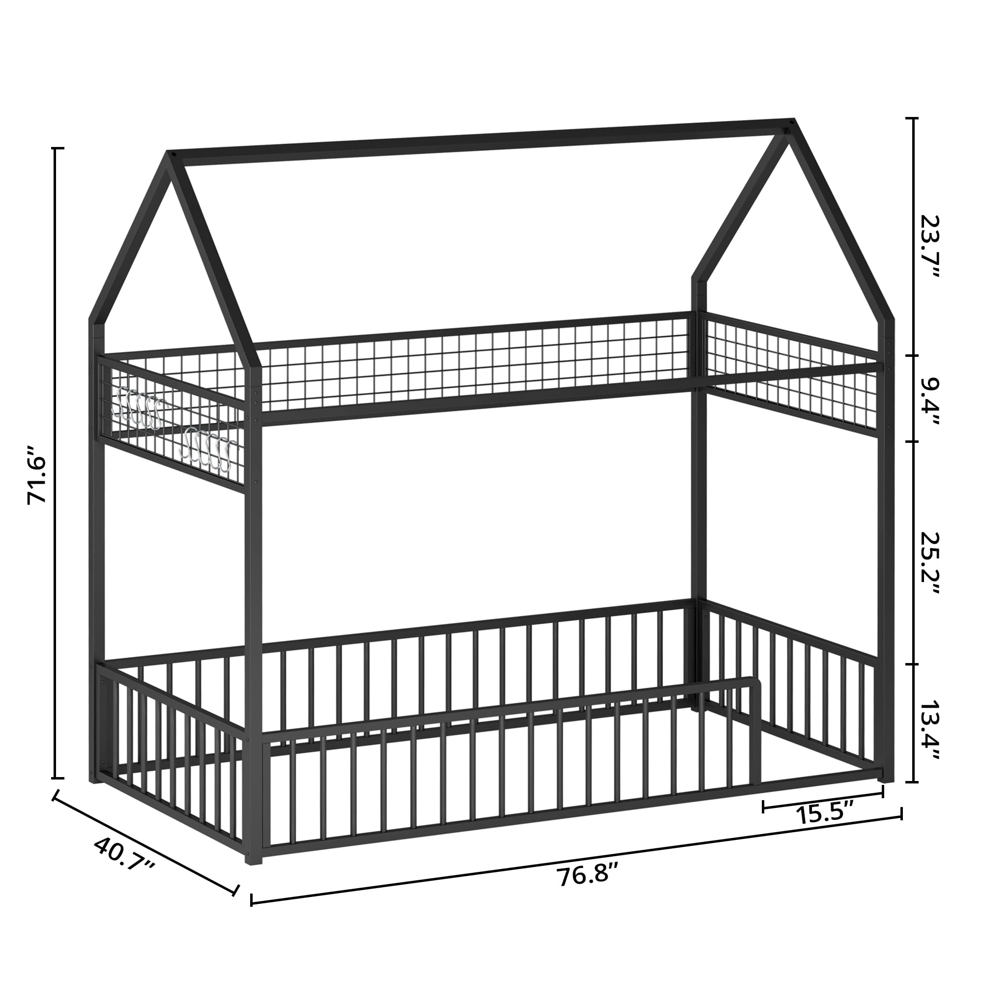 Twin Metal House Floor Bed Frame with Guardrails