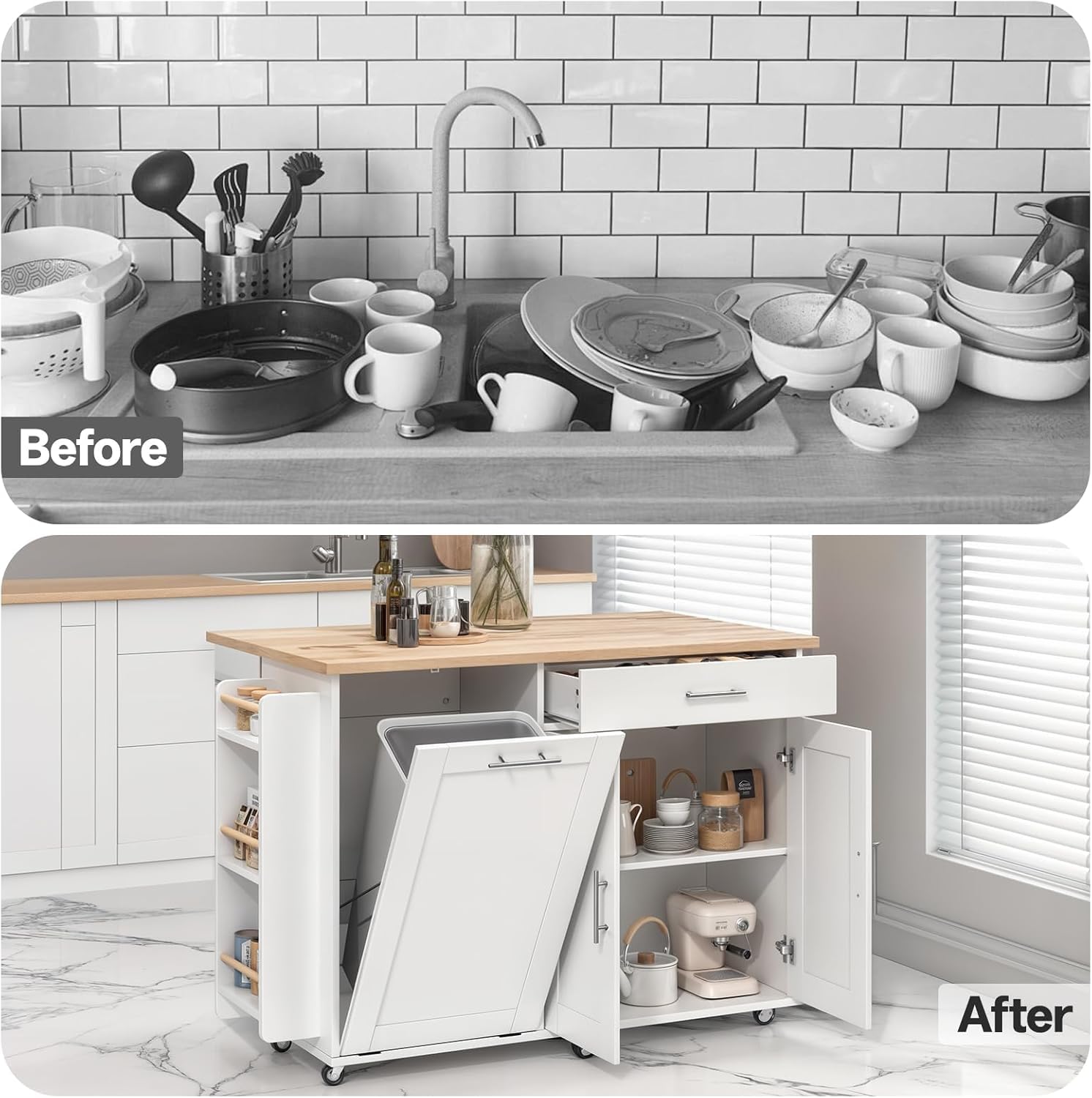 LotaTools 53.9" Rolling Kitchen Island Cart with Drop Leaf & Storage - Mobile Kitchen Organizer with Wheels, Rubberwood Top, Trash Bin Cabinet & Towel Rack, White Farmhouse Style for Small Spaces