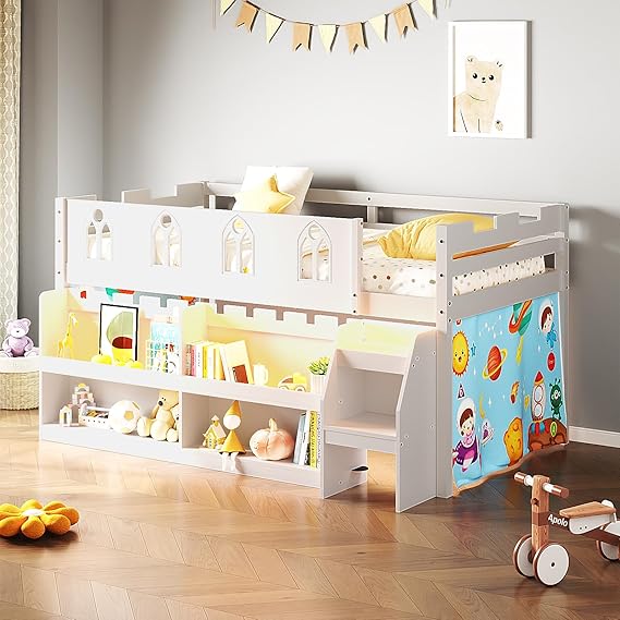 Twin Low Loft Bed with LED Lights & Storage