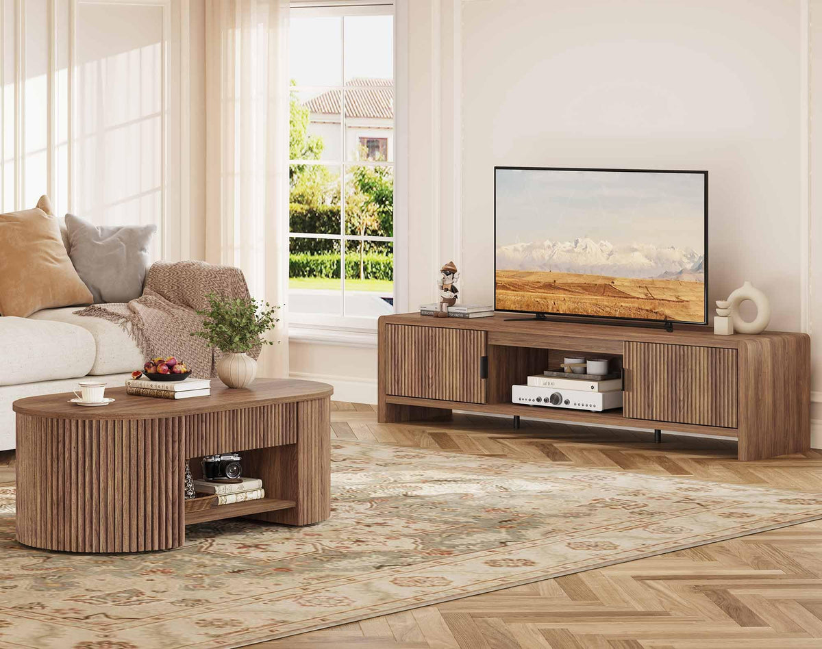 FATORRI TV Stand for 75/65/55 Inch TVs, Farmhouse Entertainment Center with Storage, Wood Waveform Fluted-Door Television Media Console for Living Room,Bedroom (63" W, Walnut)
