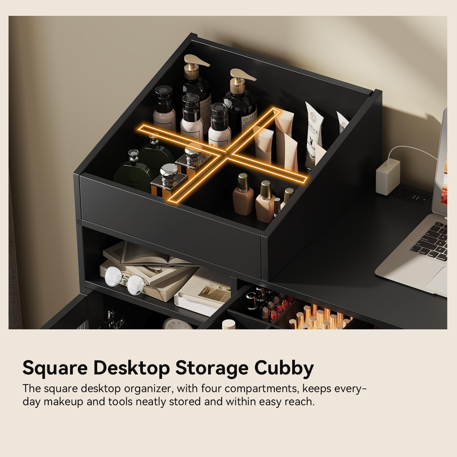 Merax 44" Vanity Desk No Mirror, Modern Black Makeup Vanity Set with Stool and Power Outlet, Writing Desk Dressing Table with 4 Cubby Divided Storage, 2 Drawers & Cabinet for Bedroom Office Dorm