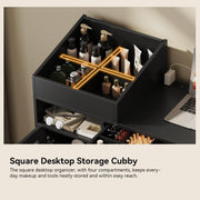 Merax 44" Vanity Desk No Mirror, Modern Black Makeup Vanity Set with Stool and Power Outlet, Writing Desk Dressing Table with 4 Cubby Divided Storage, 2 Drawers & Cabinet for Bedroom Office Dorm