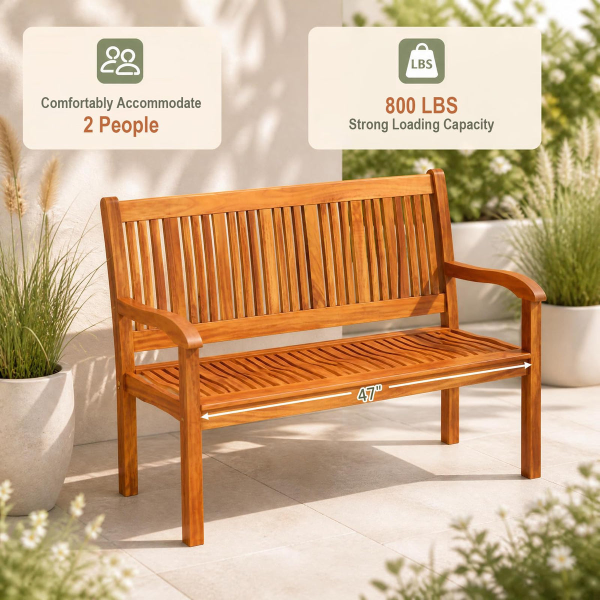 COSTWAY Wooden Bench Outdoor, Curved Armrest & Backrest, Teak Colored