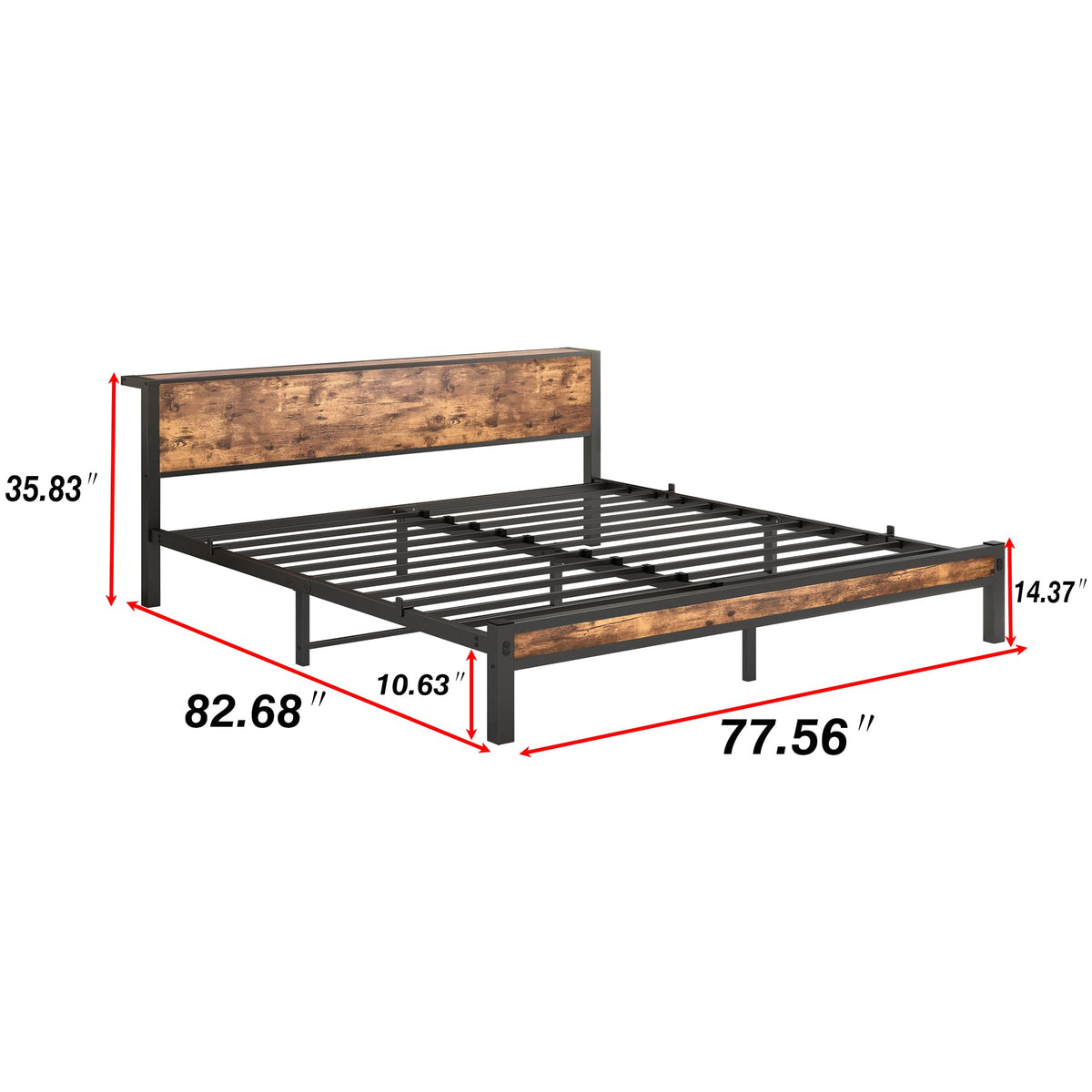 DUMEE King Bed Frame with Wood Storage Headboard, Metal Platform Bed Frames King Size, No Box Spring Needed, Noise Free,Easy Assembly, Noise Free, Black & Vintage Brown