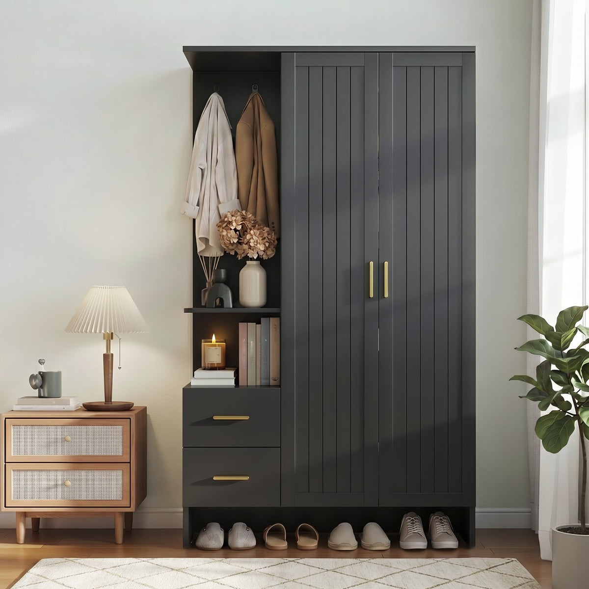 Black Wardrobe Closet with Drawers