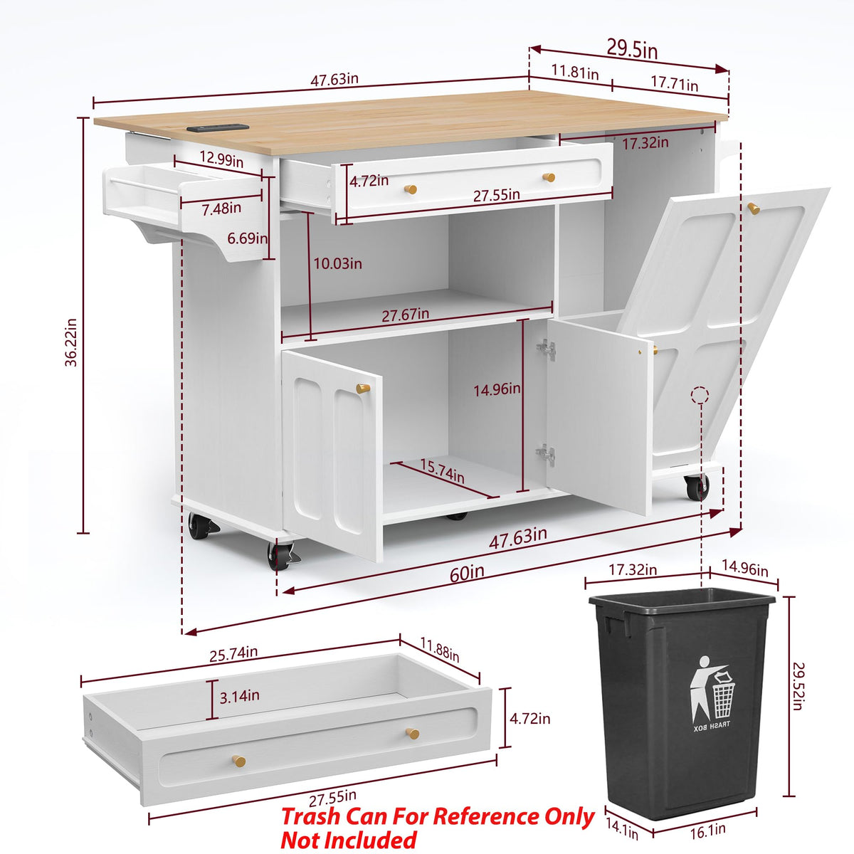 HLR 60" Kitchen Island with Trash Can Storage, Large Mobile Kitchen Island