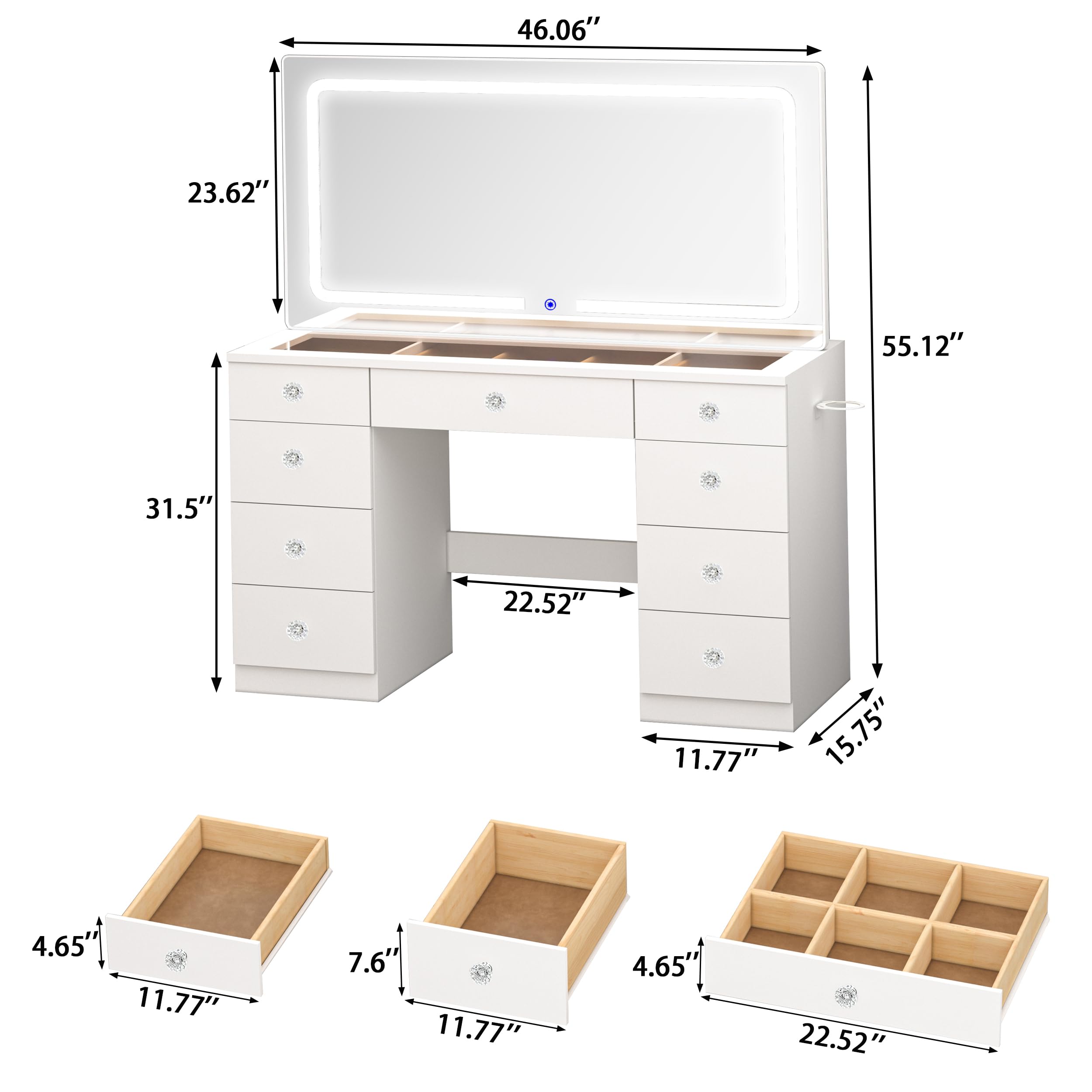 JassmiPkwy 46 INCH Makeup Vanity Desk with Mirror - Glass Tabletop Vanity Table with Lights, Drawers, Power Outlet, Large Storage Desk for Bedroom, White