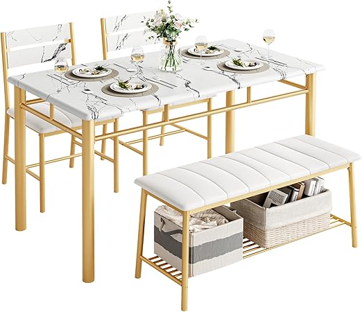 4-Piece Industrial Dining Table Set with Bench & 2 Chairs