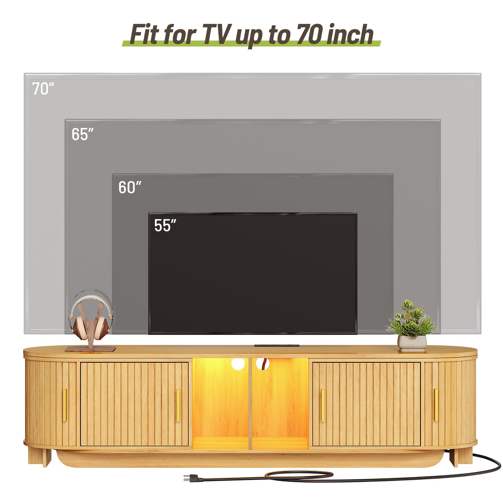 STHYTON Fluted TV Stand, Extendable TV Console with Power Outlet & LED Lights, Modern Entertainment Center with 2 Sling Doors for TVs up to 70", Storage Organizer, for Living Room and Bedroom, Natural