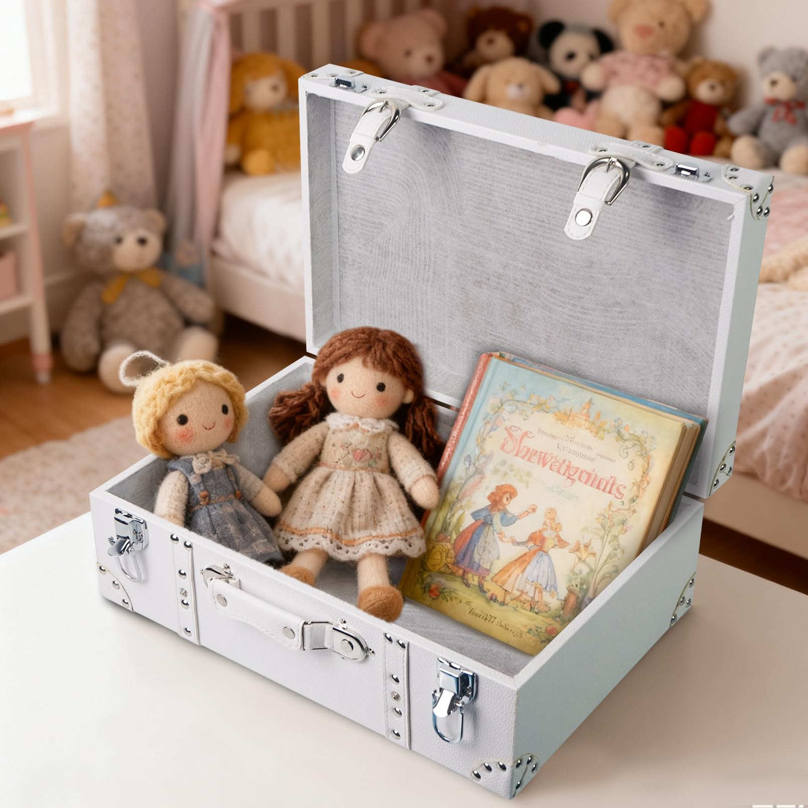 Vintage Wooden Treasure Chest with White Leather