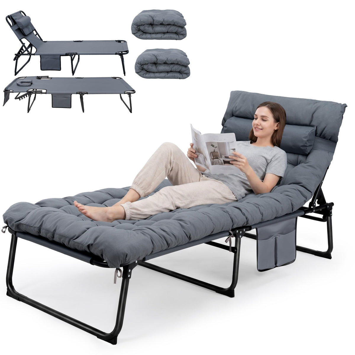 Ahsuname Tanning Chair with Face Hole, 5-Position Adjustable Backrest Beach Lounge Chair with Pillow, Side Pocket & Padded Cushion for Outdoor Patio Pool Lawn Deck, Grey