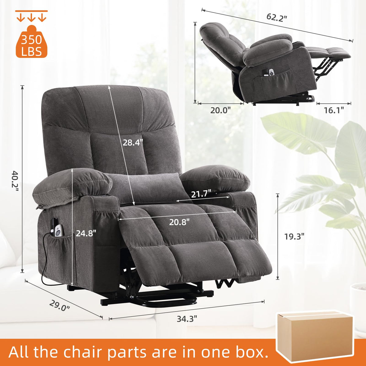 KWKSV Power Lift Recliner Chair for Elderly,8-Point Vibration Massage & Heat,Electric Lift Chair with Two Cup Holders,4 Side Pockets,Extended Footrest for Living Room