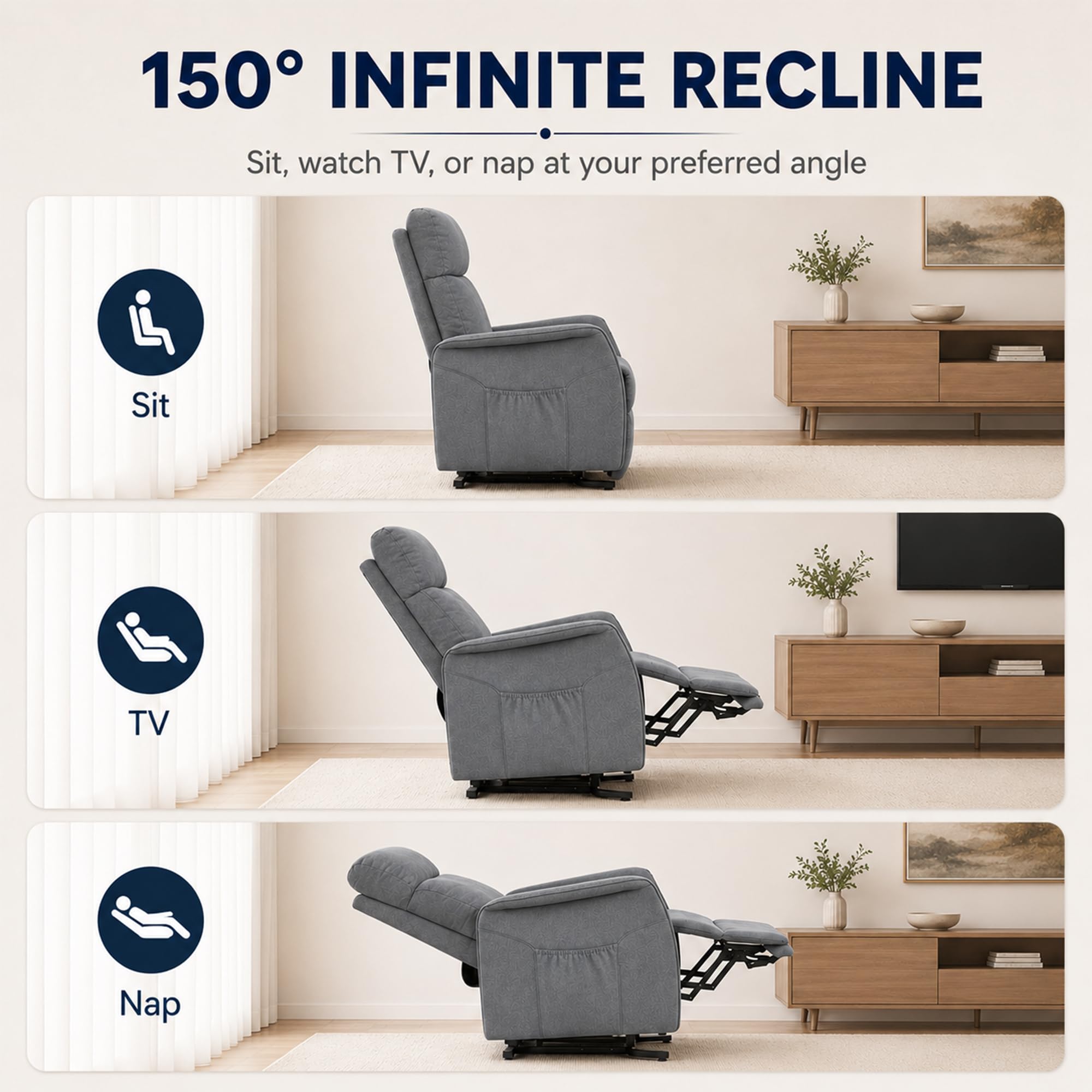 OKUP Power Lift Recliner Chair with Massage and Heat for Elderly, Electric Recliner Chairs for Adults with Side Pocket Remote Control, Infinite Position, Fabric (Dark Grey)