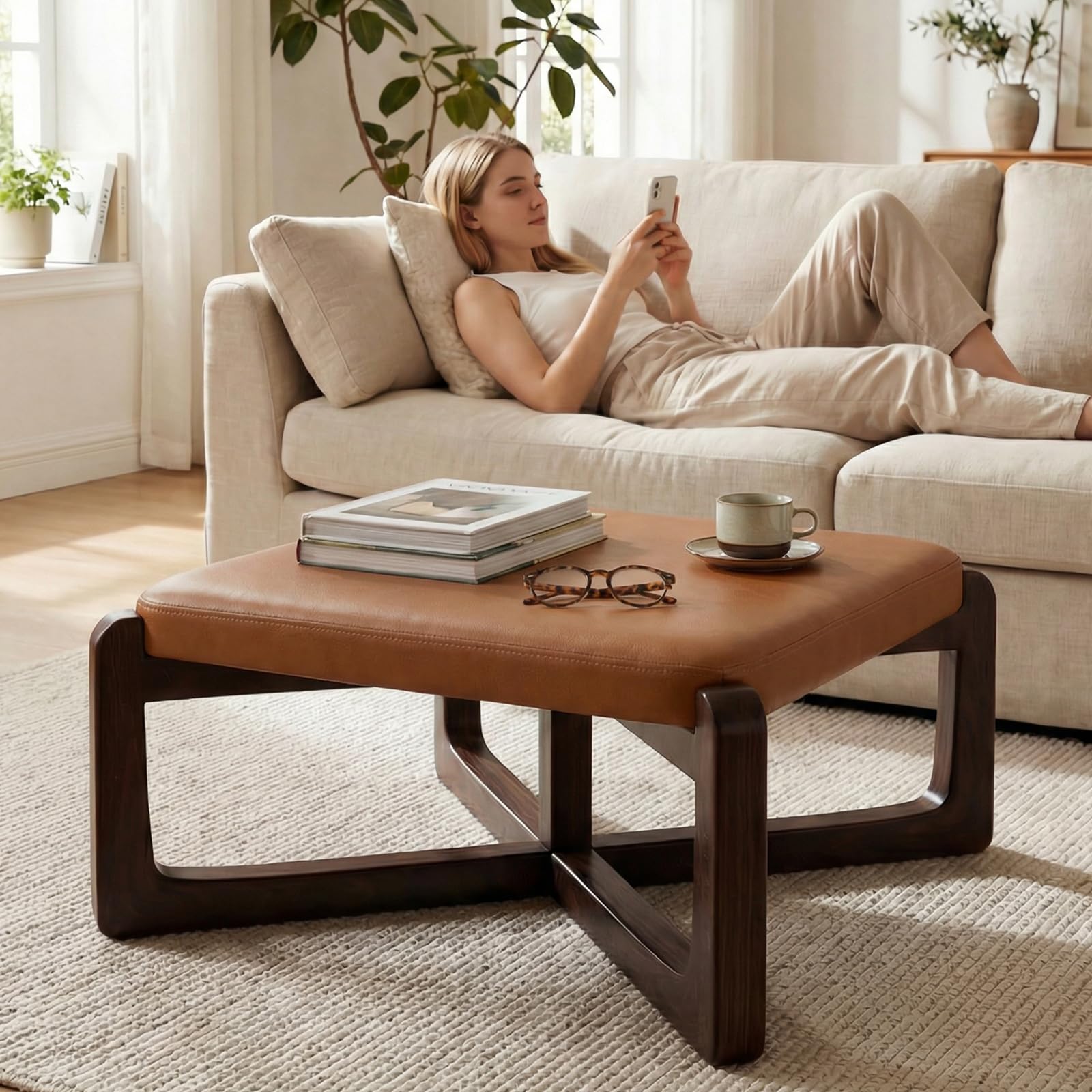 Divanus Faux Leather Square Coffee Table Ottoman,24" Coffee Table for Living Room Ottoman,Ash Wood Living Room Table,Small Footstool (Brown)