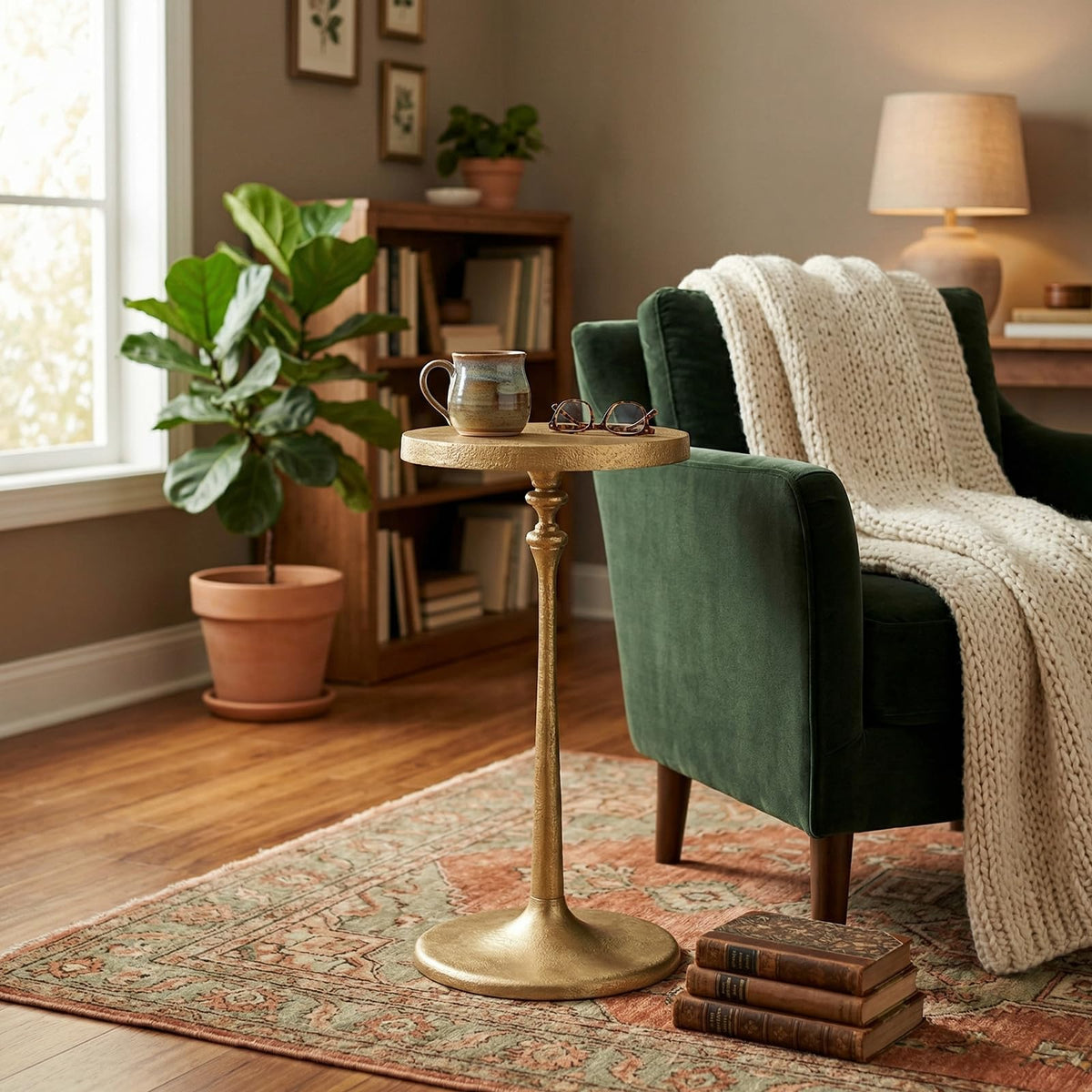 SUJUN Vintage Brass Cast Iron Side Table Round Accent Table for Living Room