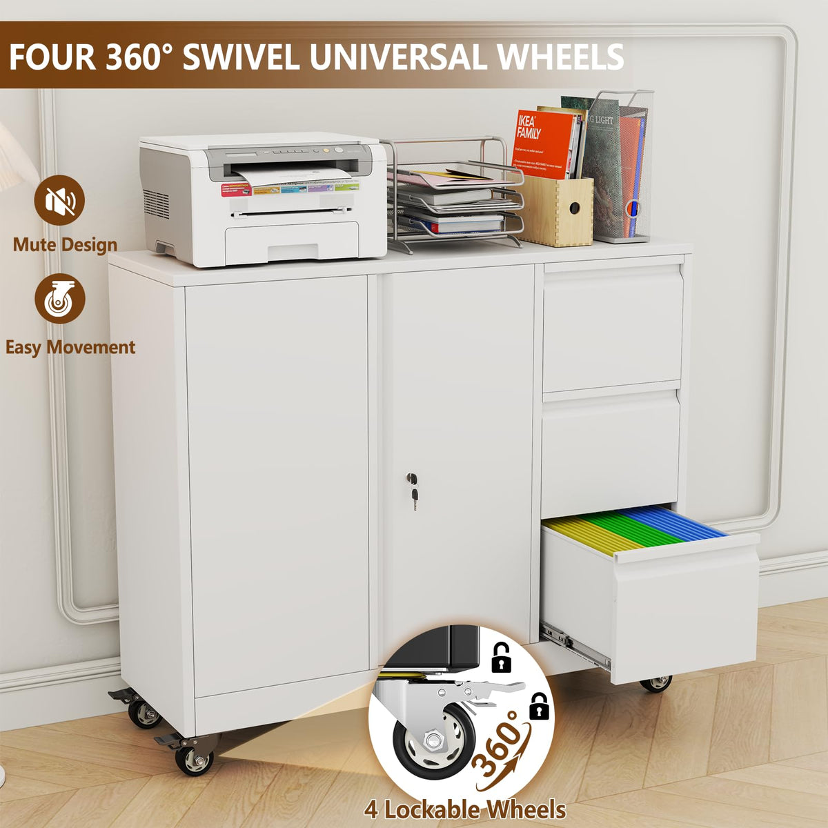 White 3-Drawer Rolling File Cabinet