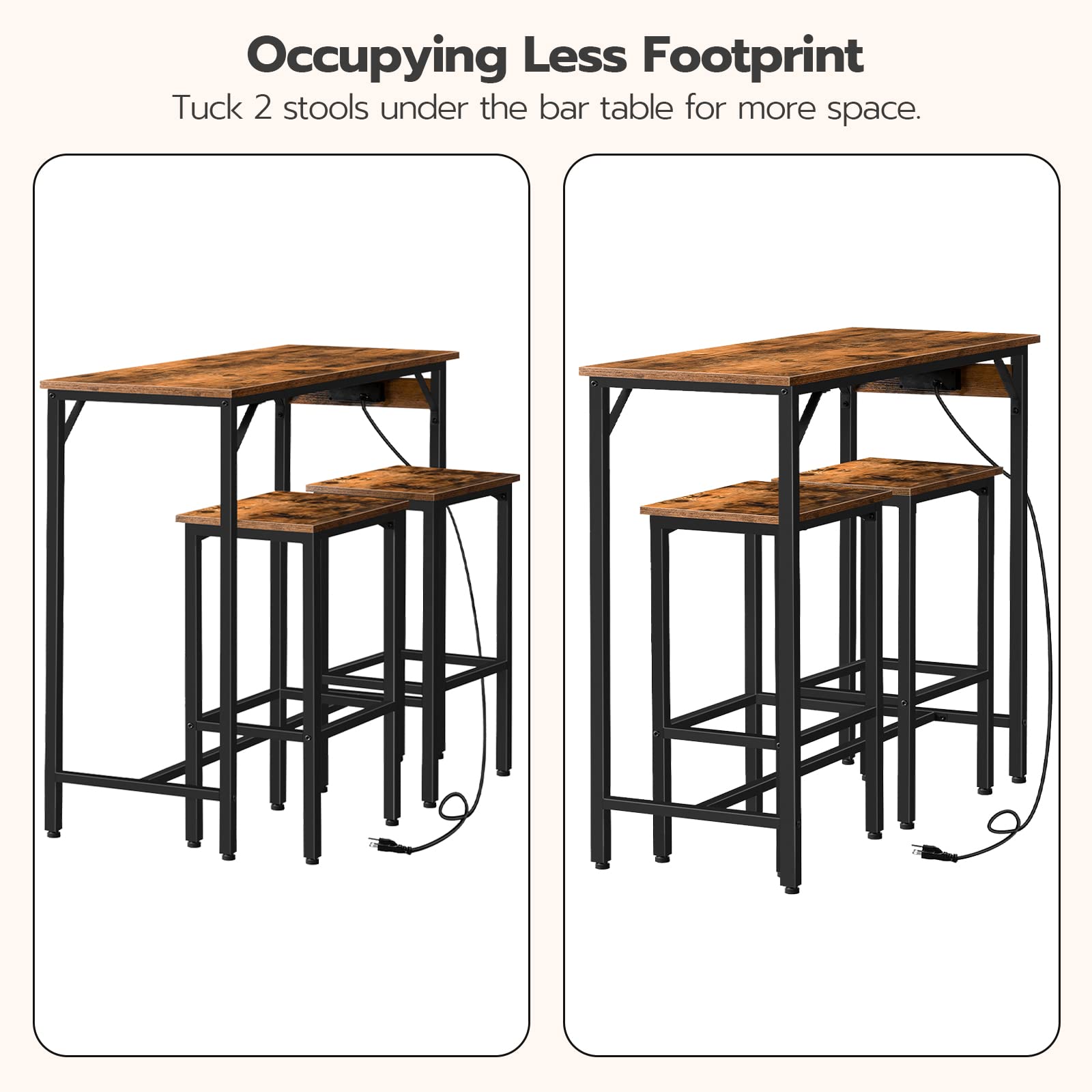 HOOBRO Bar Table and Chairs Set, 39.4" Dining Table Set with Power Outlet, 3-Piece Pub Table Set, Kitchen Bar Height Table with Stools of 2, Space Saving for Living Room, Rustic Brown BF45UBT01
