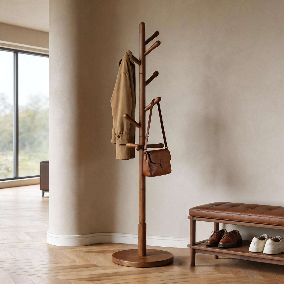 Vcalnil Solid Wood Coat Rack Freestanding with 9 Hooks - Wooden Coat Rack Stand for Entryway, Bedroom, Living Room, Hallway for Coats, Handbags, Hat (Walnut)