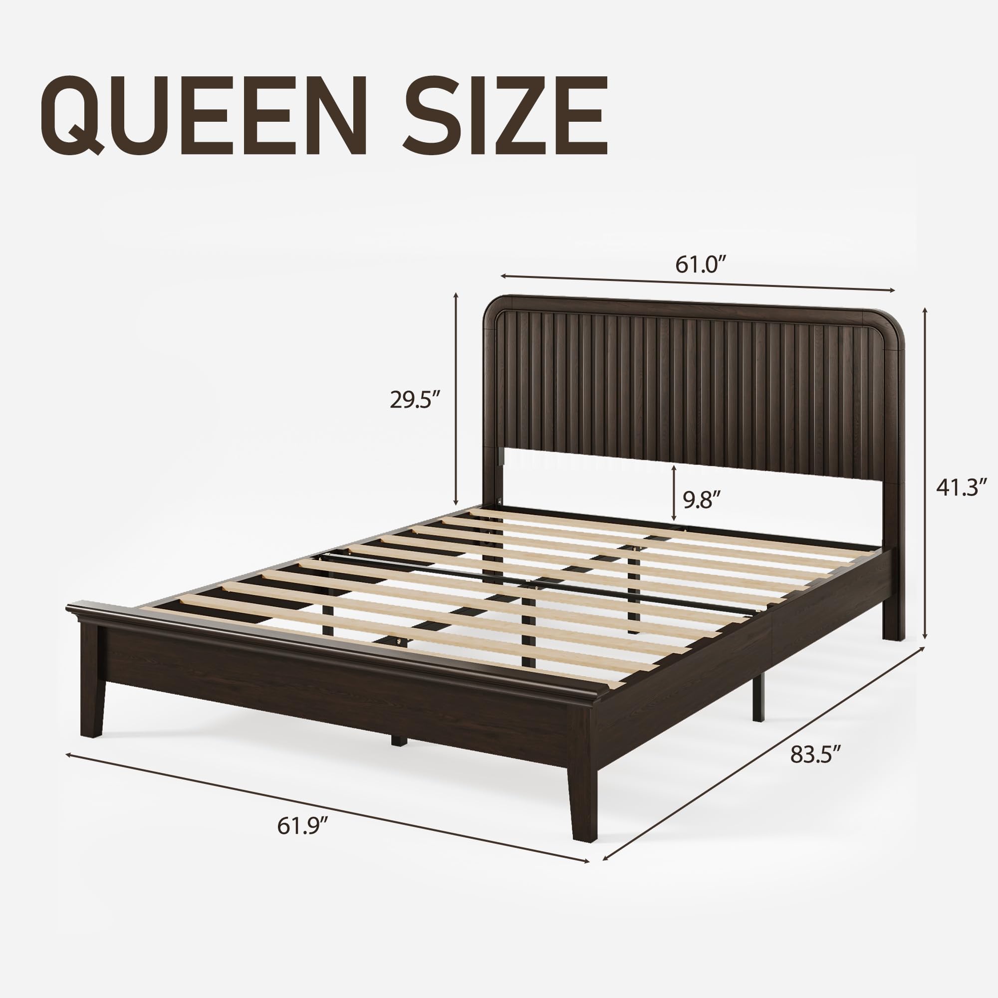 Lifezone Solid Wood Queen Size Bed Frame with Fluted Headboard, Walnut Japanese Bed Frame, Slats Support, Noise-Free, Sturdy Structure, Easy Assembly