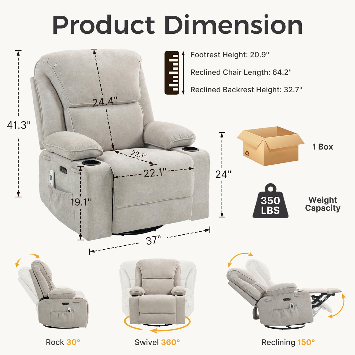 Electric Power Recliner Chair with Rocking, Swivel & Glider for Nursery