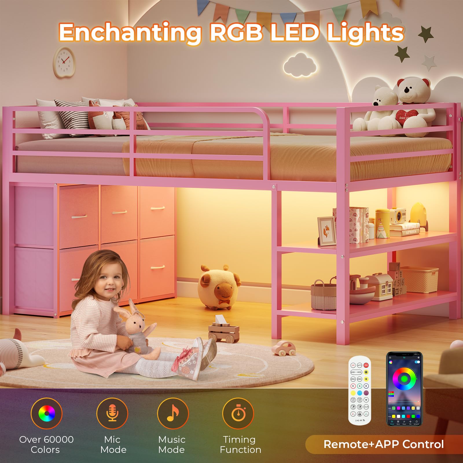 Kids Twin Low Loft Bed with LED Lights & Storage