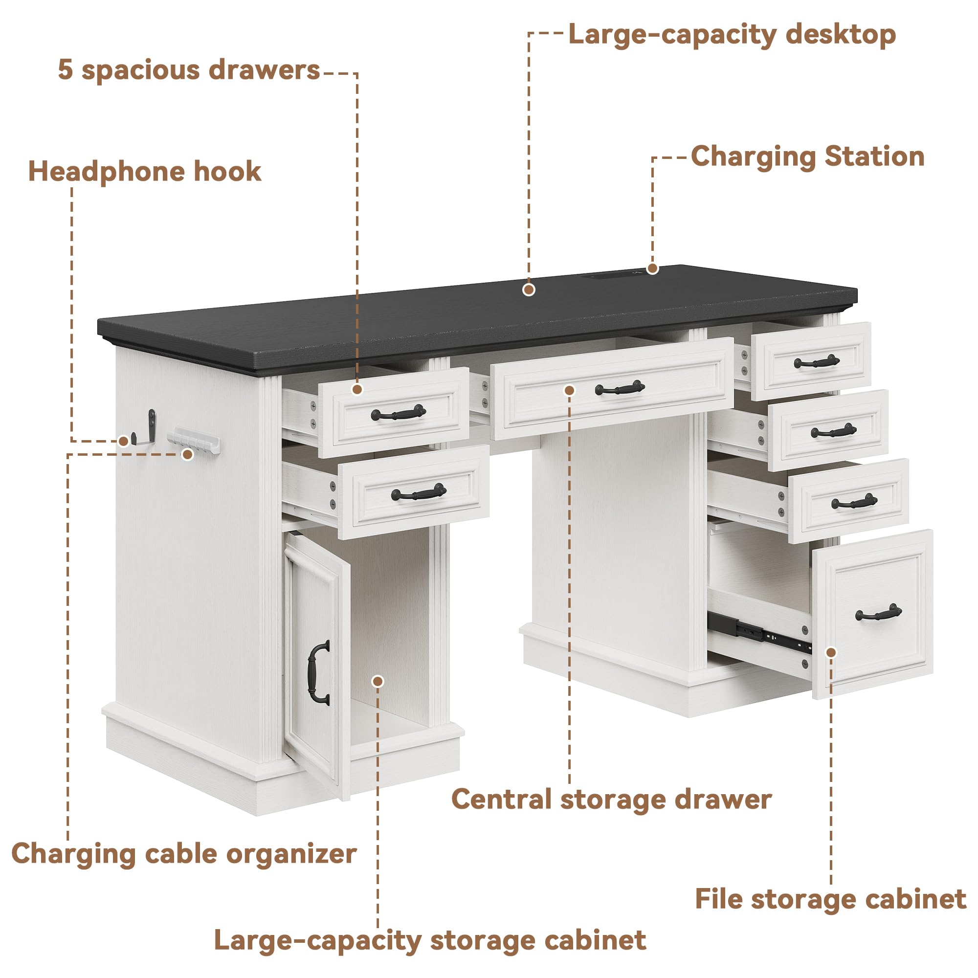 Jocoevol Farmhouse 57" Executive Desk with 7 Drawers, Home Office Desk with File Cabinet Storage, Computer Desk with Charging Station and Headphone Hook for Work, Study, Writing, White