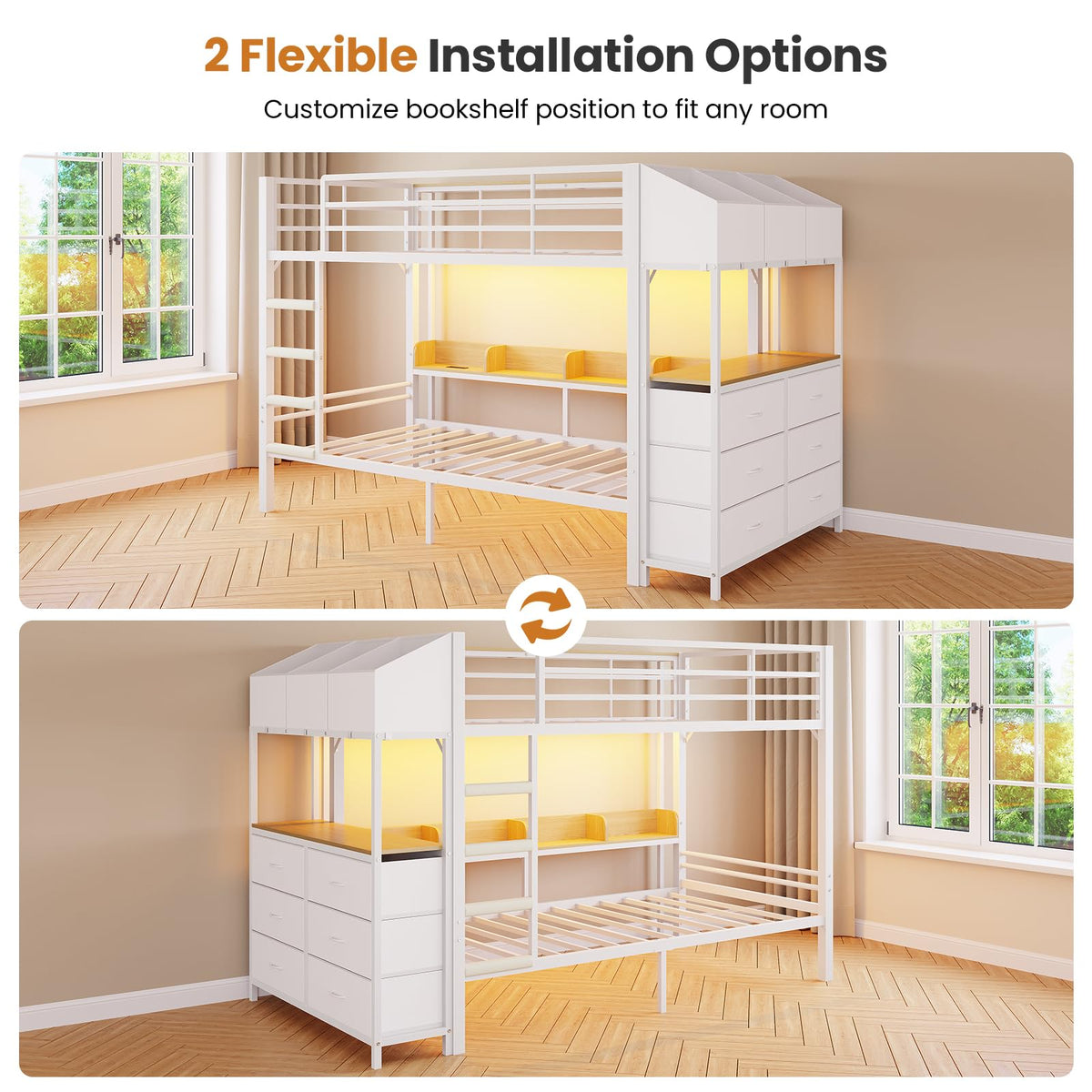 Twin Over Twin Bunk Bed with Storage & LED Lights