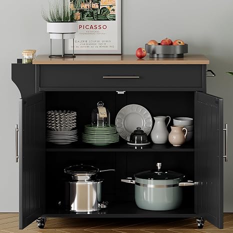 Rolling Kitchen Island with Storage & Wood Top