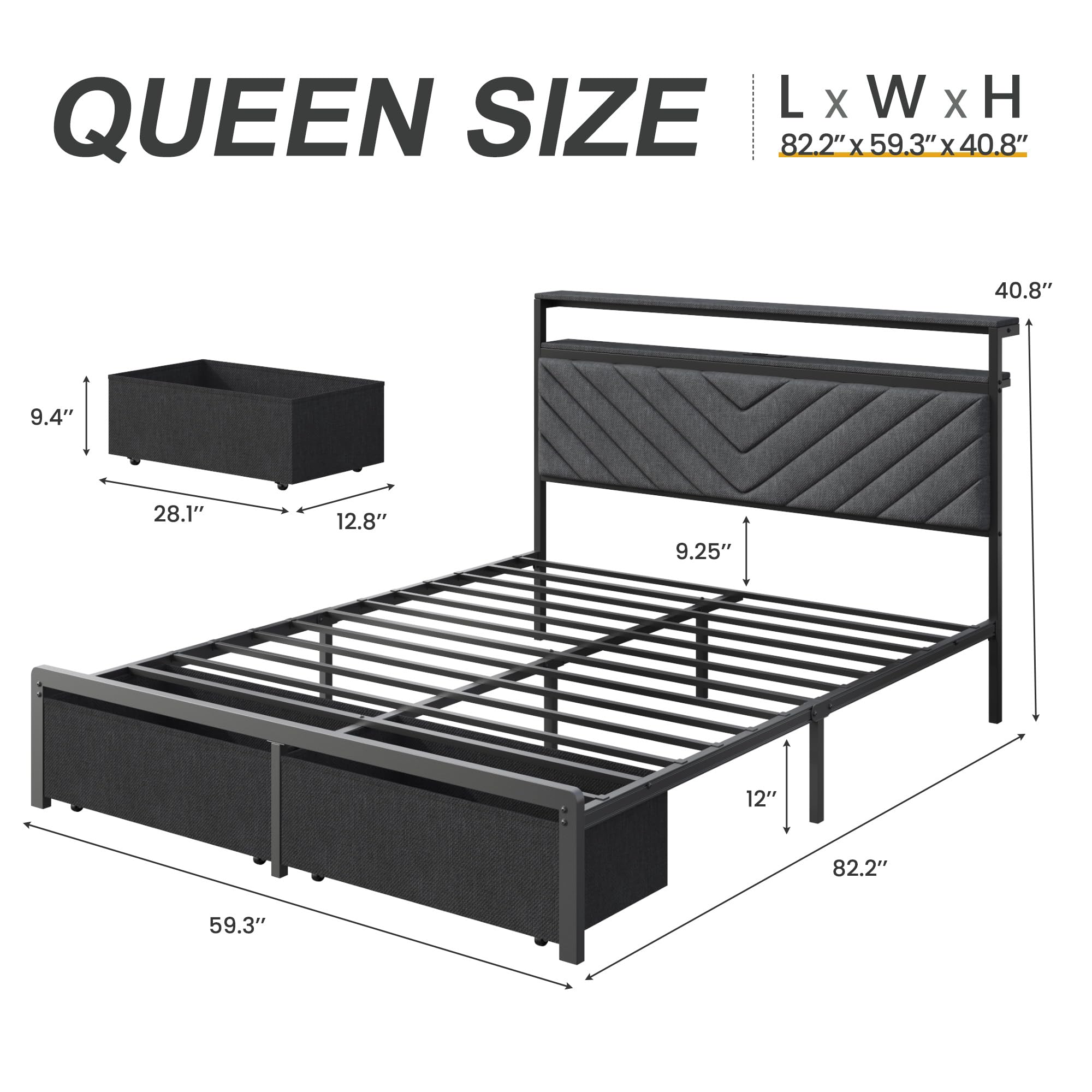 HISOFT Queen Bed Frame with Charging Station, LED Lights & 2 Storage Drawers, Grey Platform Bed with Upholstered Headboard, Under-Bed Storage, No Box Spring Needed, Easy Assembly, Strong Support