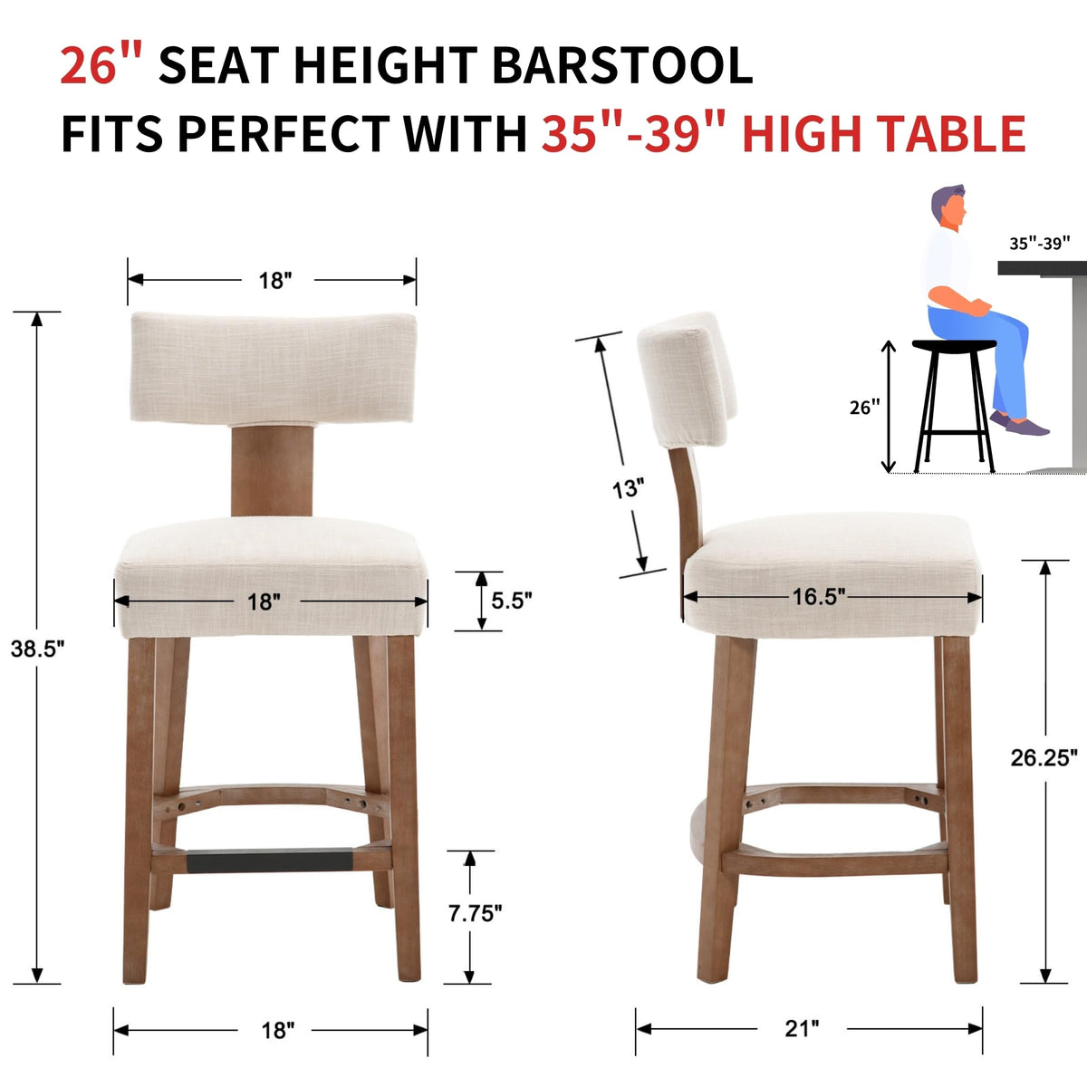 RIVOVA 26” Bar Stools Set of 4 Counter Height Bar Stool, Modern Kitchen Barstools with Back and Wood Legs, Farmhouse Upholstered Island Stools Countertop Bar Chairs, Beige