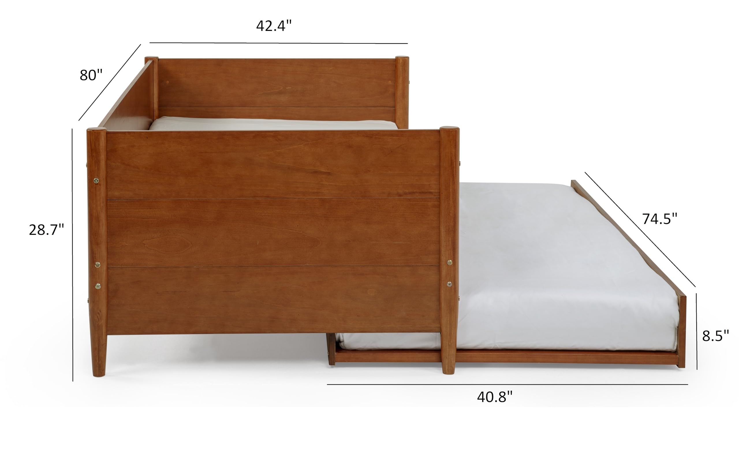 Camaflexi Mid-Century Modern Daybed & Trundle/Solid and Manufactured Wood/Panel Headboard/No Box Spring Needed/Foundation has 14 Wood Slats/Twin Trundle/Easy Assembly, Castanho Finish, Twin.