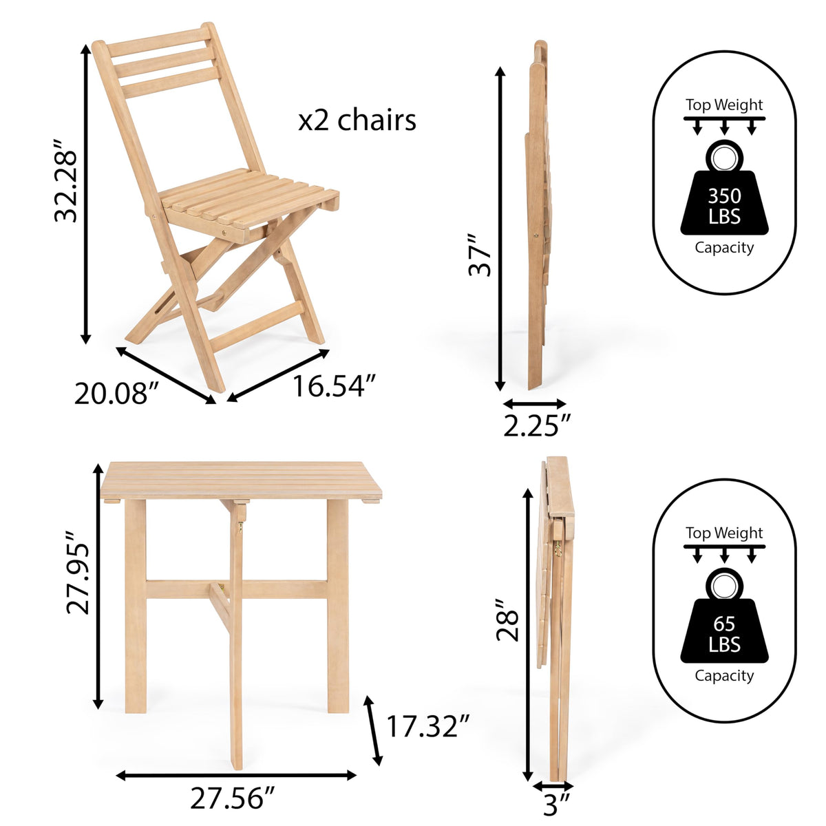 JONATHAN Y Nerja 3-Piece Acacia Wood Folding Bistro Set, Light Teak