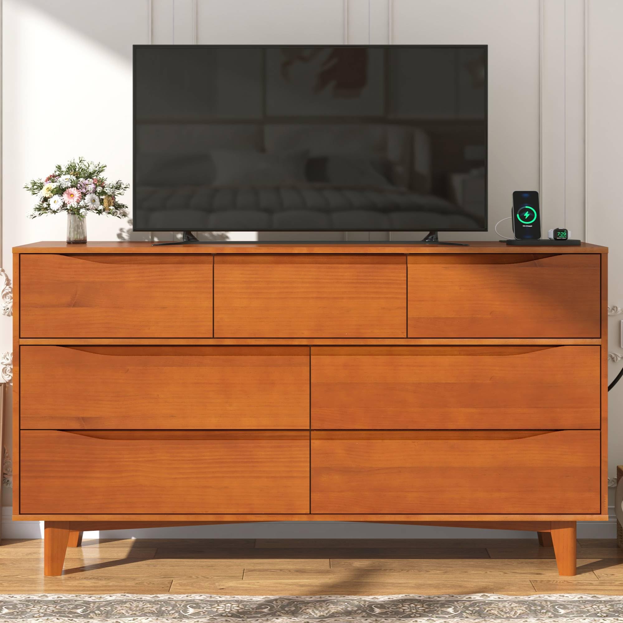 7 Drawer Dresser for Bedroom, 55” Wide Solid Wood Dresser with Power Outlet, Mid-Century Modern Chest with Solid Wooden, Large Wood Storage Organizer,Wood TV Stand for Bedroom, Living Room,Caramel