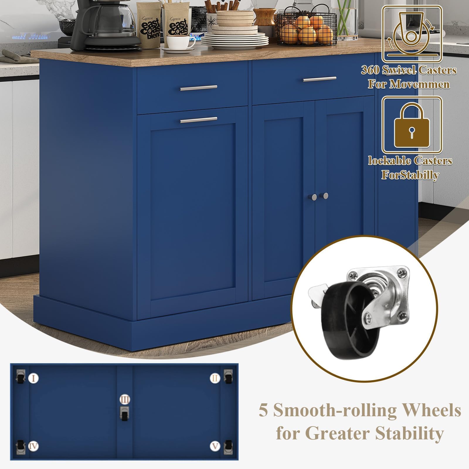 4 EVER WINNER 53" Rolling Kitchen Island with Trash can Storage, Kitchen Island Cart with 3-Tier Spice Rack, Island Table for Kitchen with Adjustable Shelves, Blue