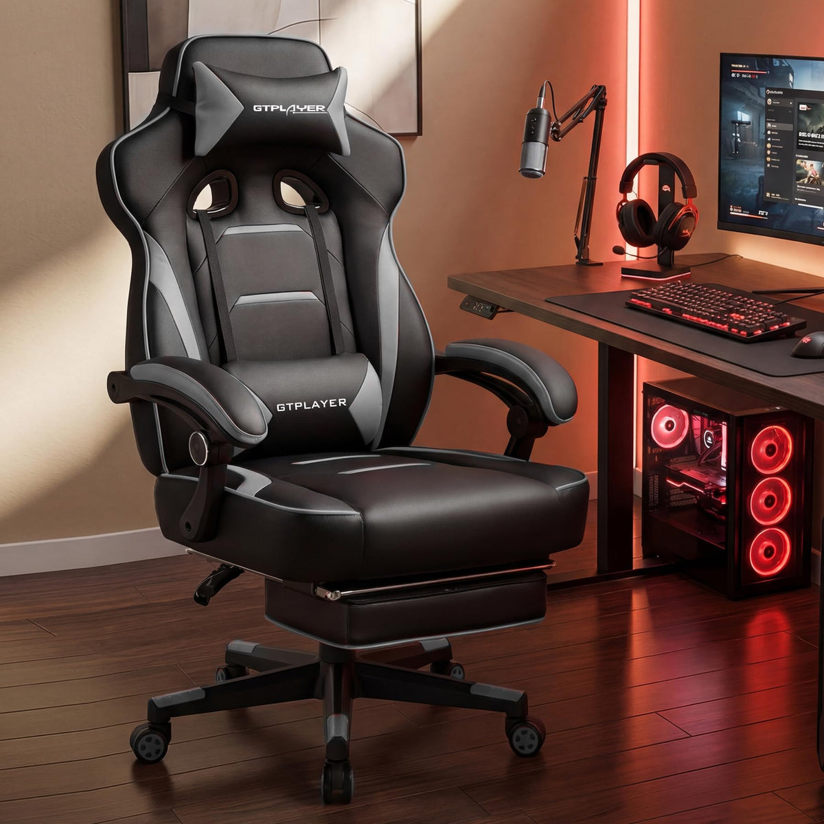 GTPLAYER Gaming Chair with Footrest, 350LBS Big and Tall Office Chair, Ergonomic High Back Lumbar Support and Recliner for Back Pain Relief, Moon Gray