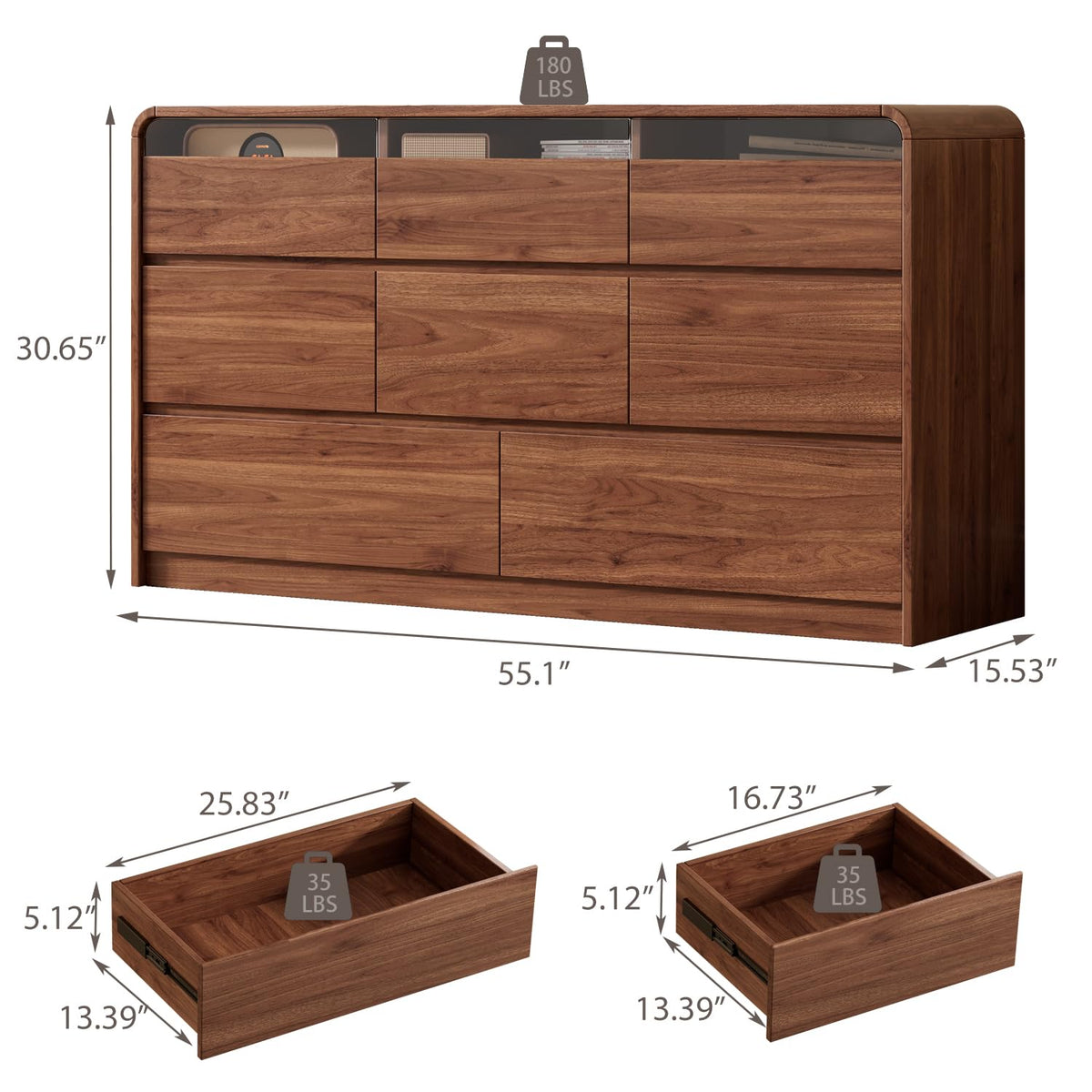 Ieejdn 47.2" Dresser with 6 Drawer, Wide Dresser with Recessed Glass Display & Silent Metal Rails, Handleless Chest of Drawers for Clothes, and Bedding, Walnut