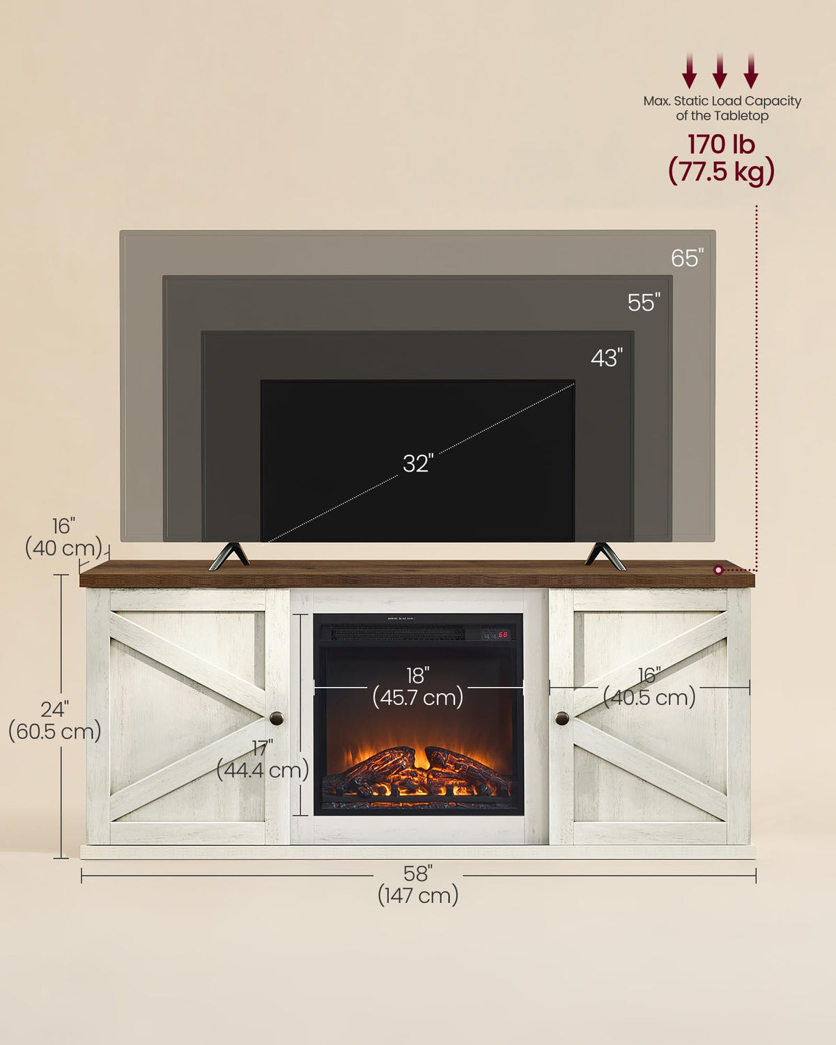 VASAGLE Fireplace TV Stand, Farmhouse Entertainment Center for 65'' TV