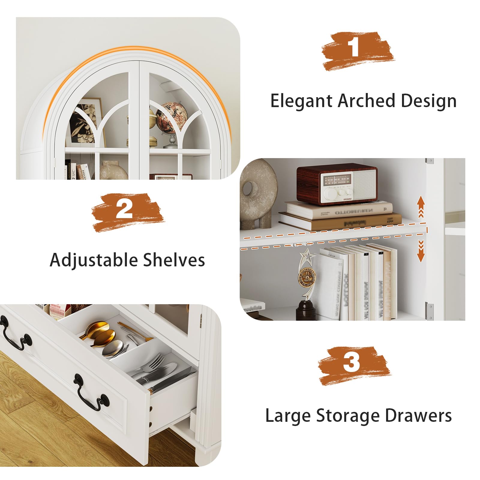 Arched Kitchen Pantry Cabinet with Glass Doors