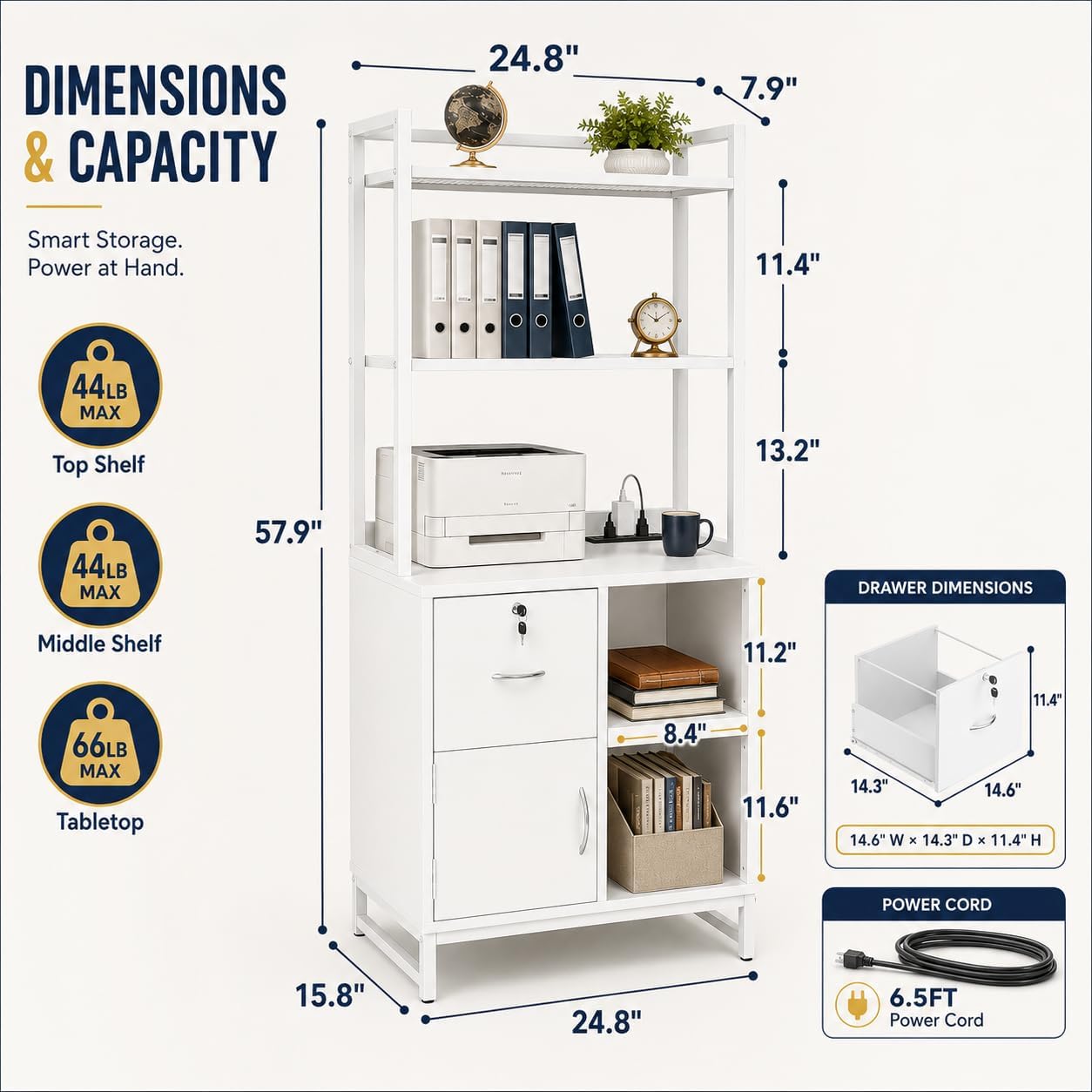 Homieasy Vertical Filing Cabinet with Bookshelf for Home Office, File Cabinet with Shelves, Lock & Charging Station, Drawer Office File Cabinets with Printer Stand, fits Letter Size, White