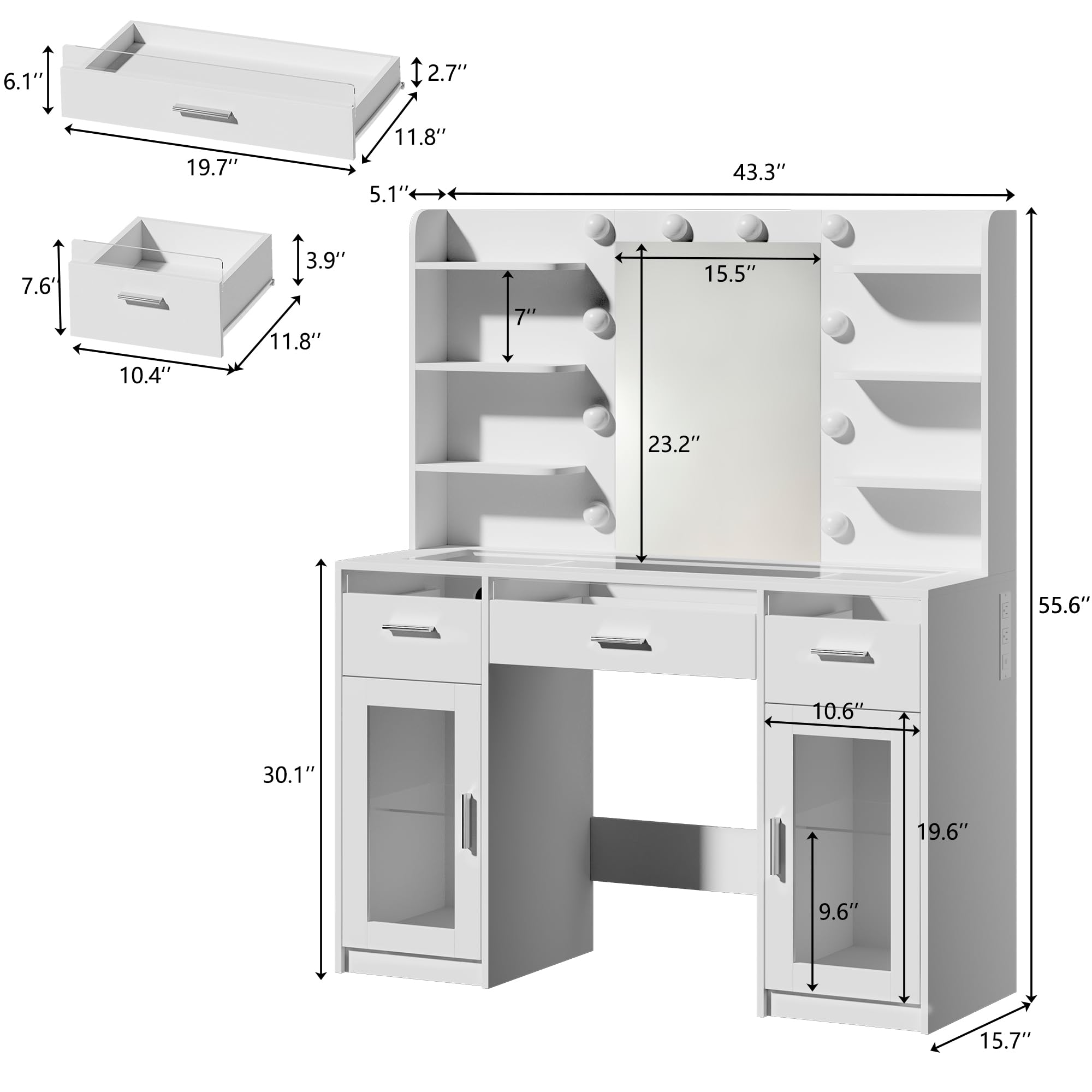 HUAHUU Vanity Desk, Makeup Vanity Desk with Mirror and Lights 3 Colors, Transparent Top with 3 RGB Drawers, 6 Shelves, 2 Large Tempered Cabinets, Power Outlet, for Bedroom, White