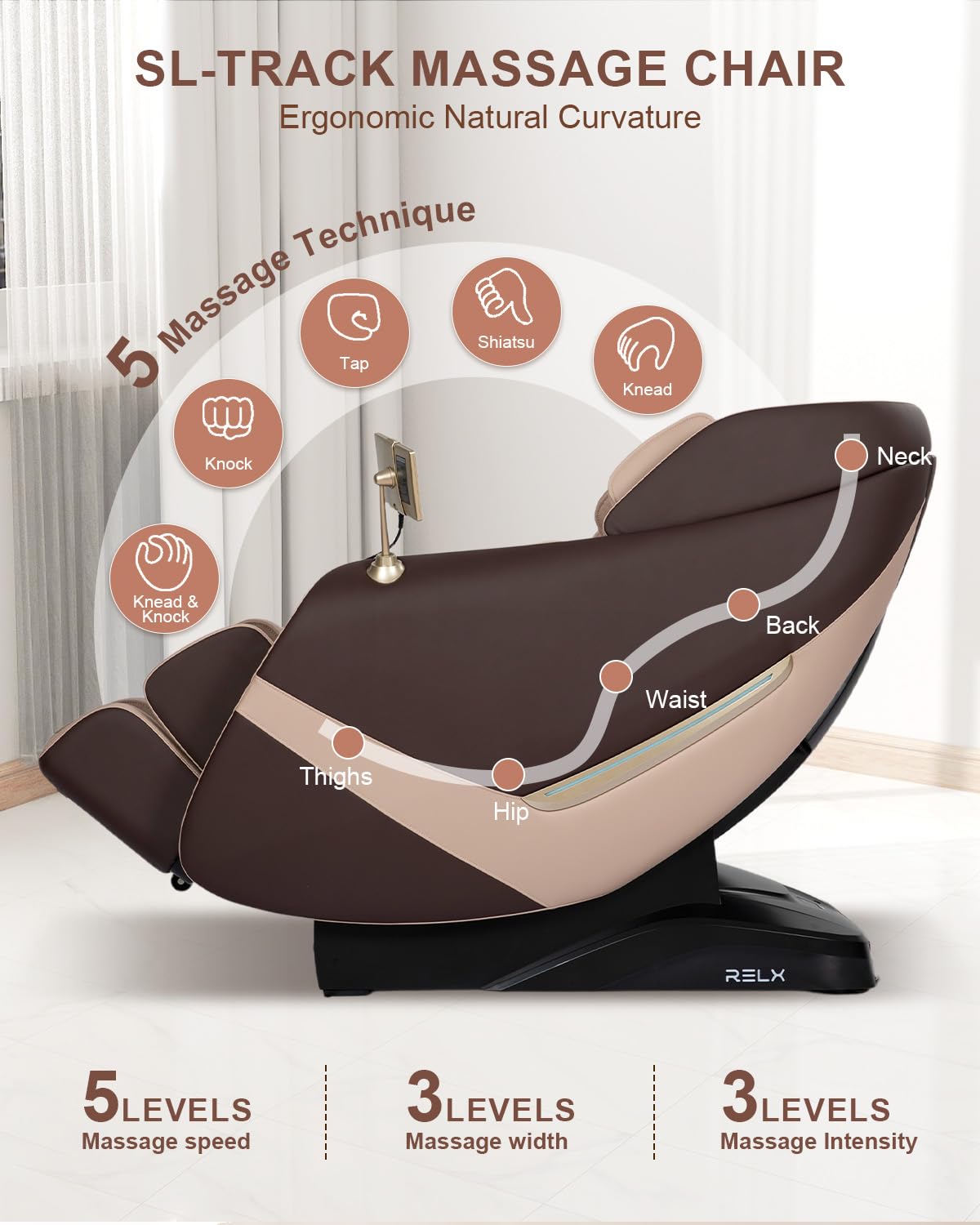 RELX Massage Chair Full Body, Shiatsu, Airbag Massage, SL-Track, Coffee