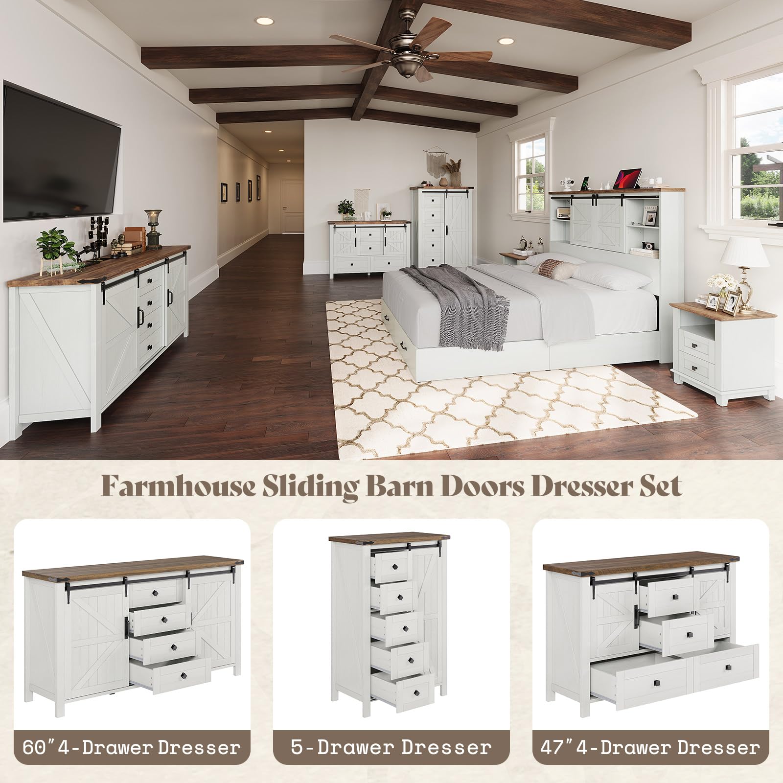 Farmhouse 4-Piece Bedroom Set – Queen, Distressed White