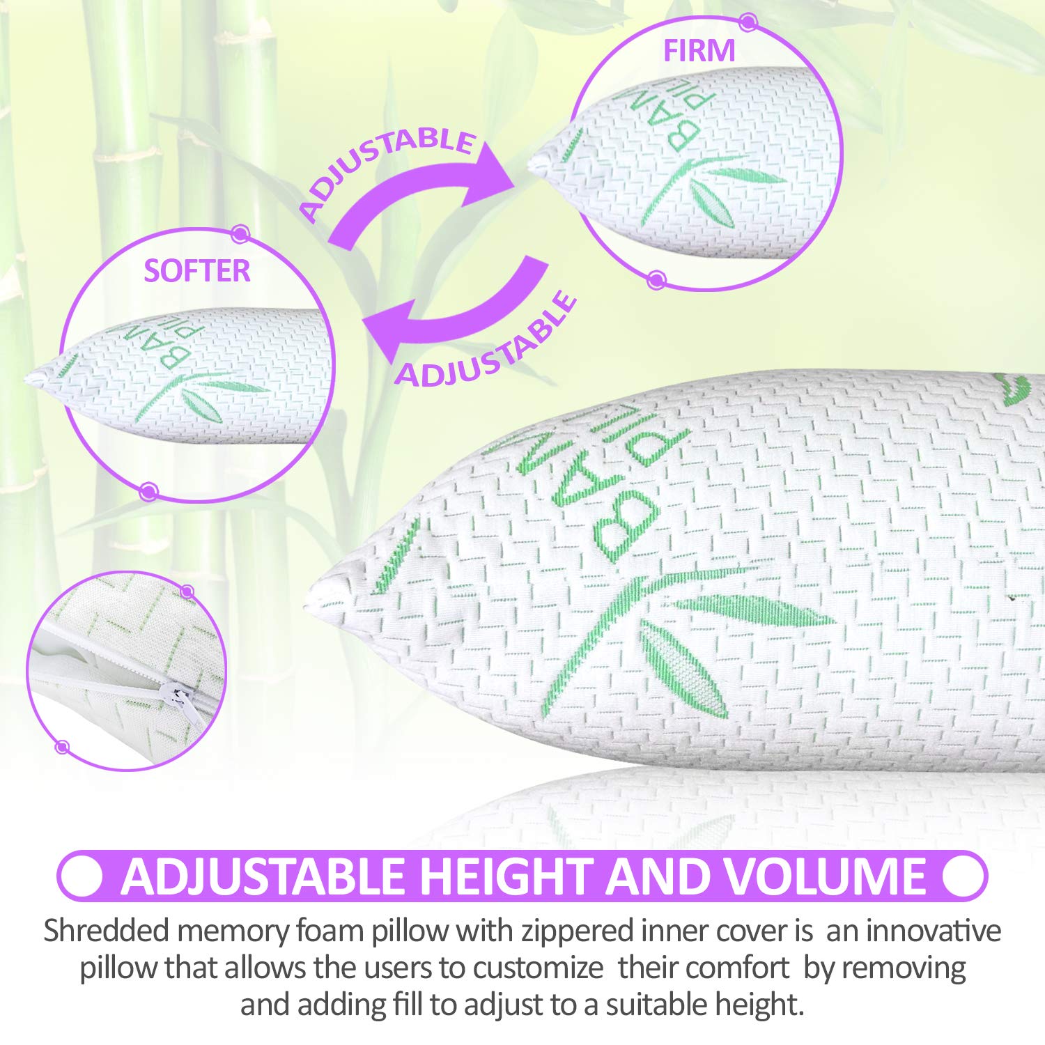 Shredded Memory Foam Bed Pillows with Removable Cover