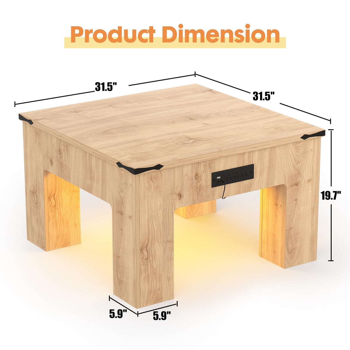 Square LED Coffee Table with Charging Station, Natural