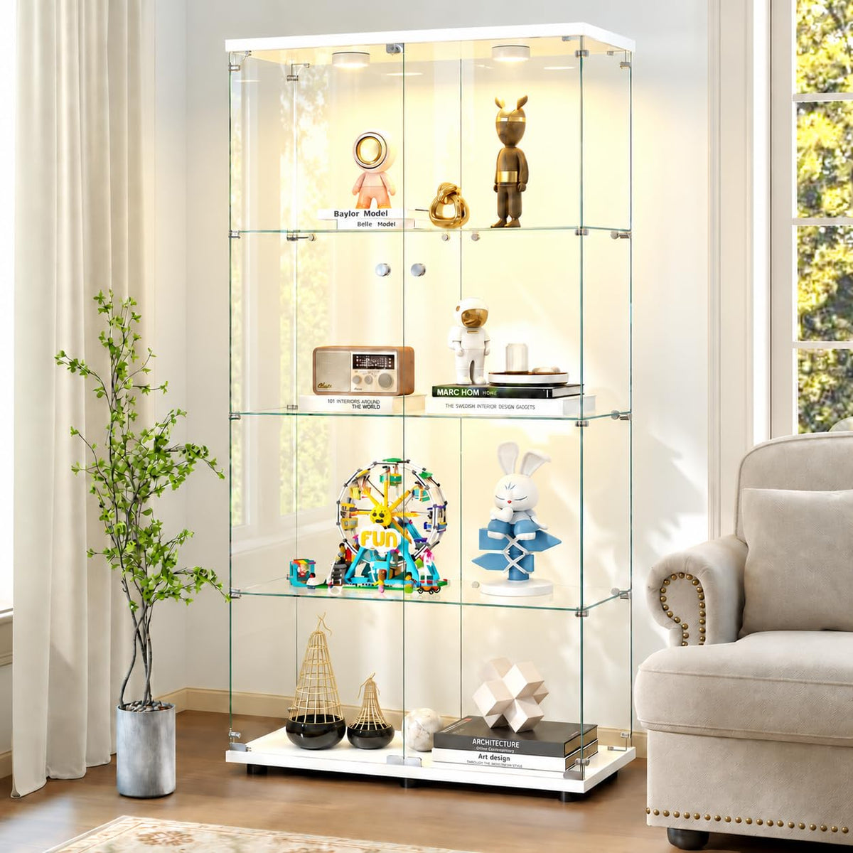 Zevemomo Glass Display Cabinet 4-Tier with Lights, Double Door, White