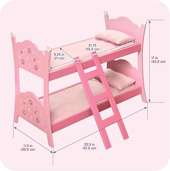 Doll Bunk Bed with Ladder & Bedding – Fits Dolls Up to 20 Inches