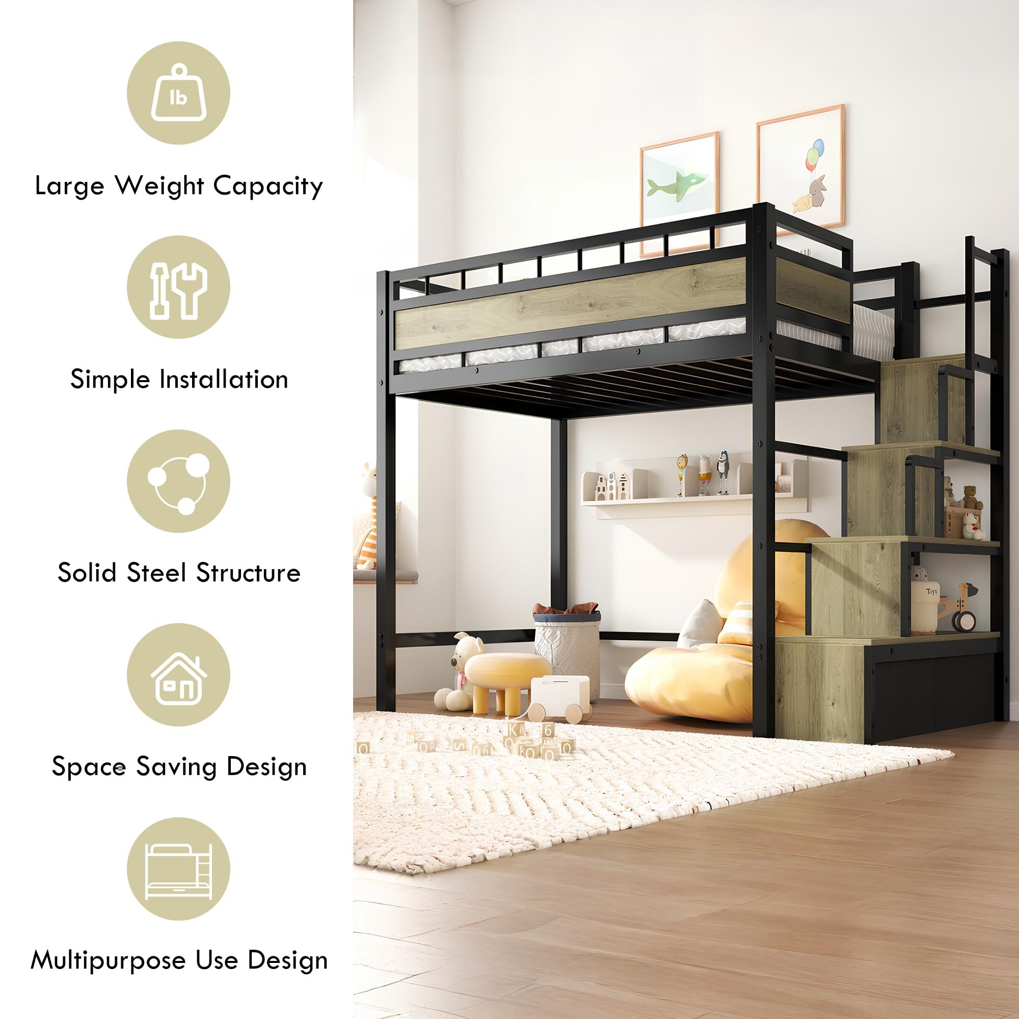 Twin Metal Loft Bed with Stairs & Storage Drawers