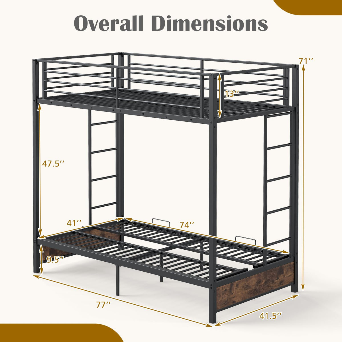 GIANTEX Twin Over Twin Futon Bunk Bed, Convertible Metal Bunk Bed with Futon Frame, 2 Ladders & Safety Guardrails, Heavy Duty Sofa Couch Beds with Under-Bed Space, for Kids, Adults (Rustic Brown)
