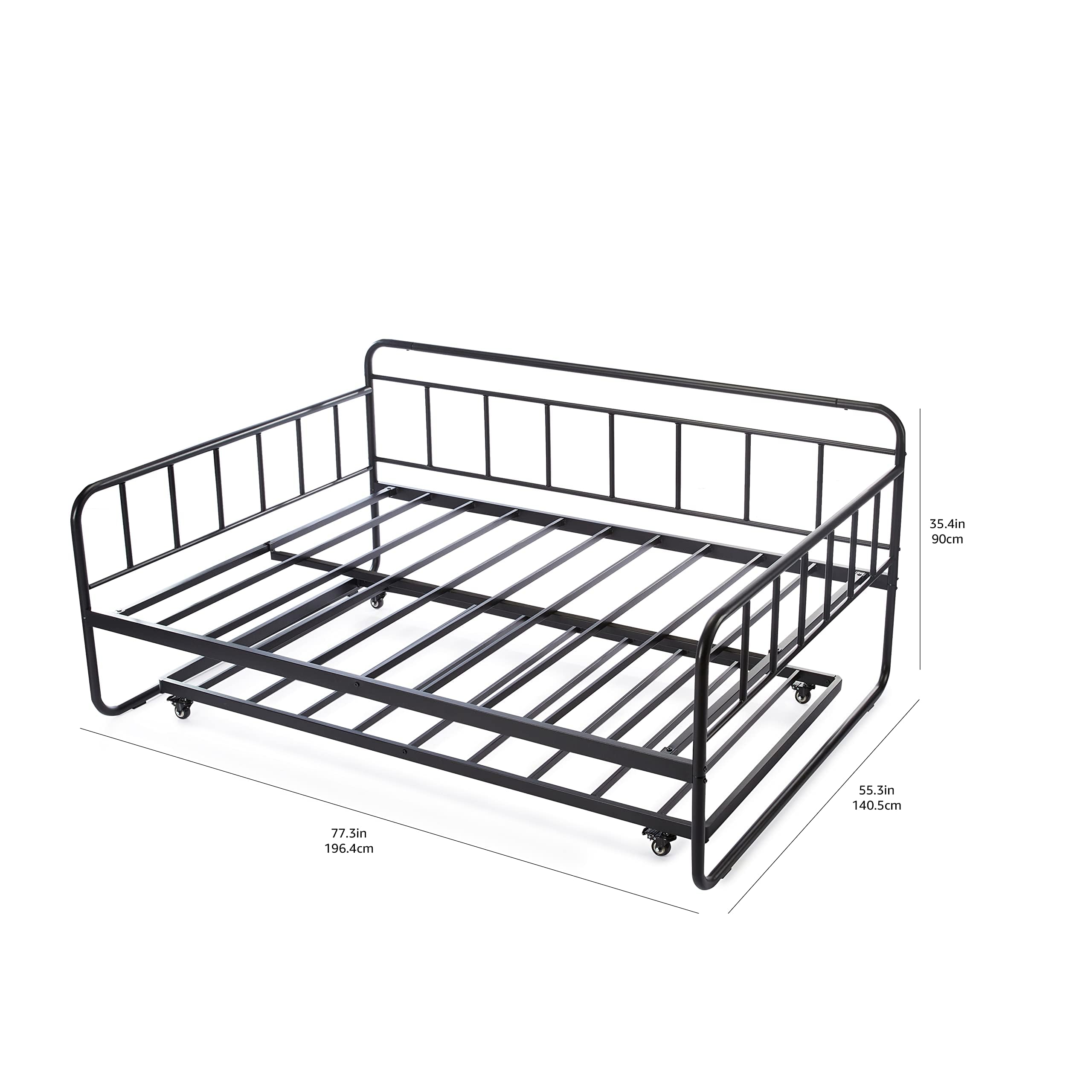Amazon Basics Full Size Daybed and Twin Size Trundle Bed Frame Set, Space Saving Steel Slat Support, Sturdy Metal Design, Easy Assembly, Black