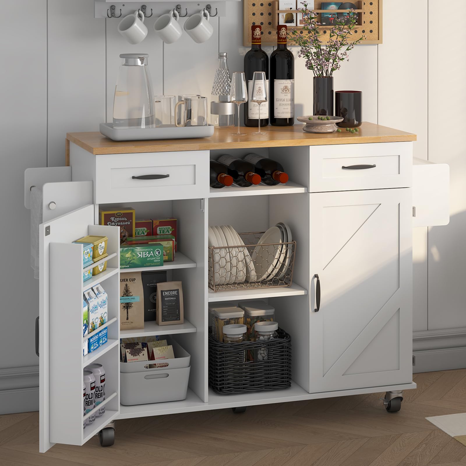 knoworld 51.5'' Rolling Kitchen Island with Storage Cabinet & Drawers, Drop Leaf Kitchen Cart on Wheels, Farmhouse Portable Mobile Islands, Large Butcher Block Table with Tower/Spice Rack, White